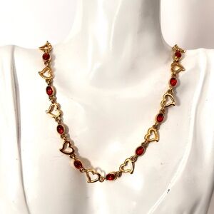 Vintage PARK LANE Choker Necklace Red Jelly Cabochon Hearts Gold Tone